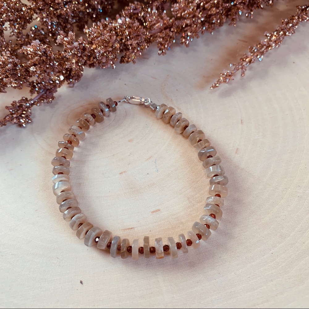 Peach Moonstone Gemstone Garnet Dainty Bracelet